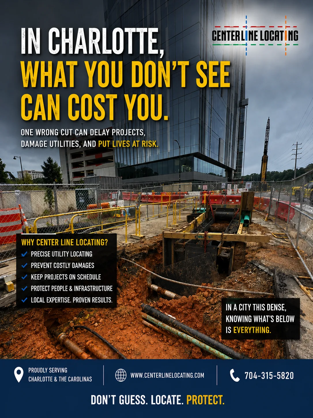 Active Charlotte NC construction site with exposed underground utilities