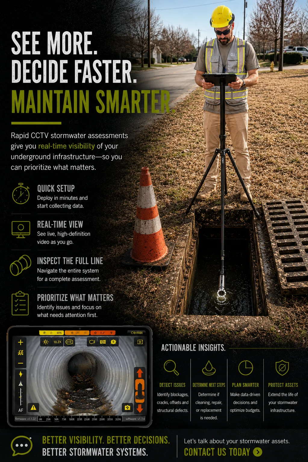 Center Line Locating technician operating a CCTV camera over a stormwater inlet