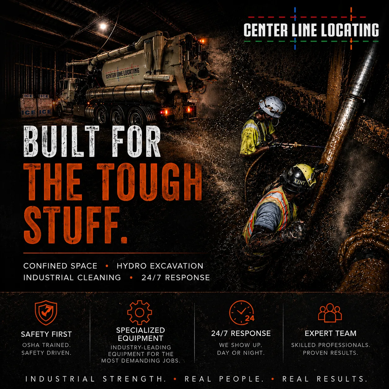 Center Line Locating crew working in a confined space industrial environment at night