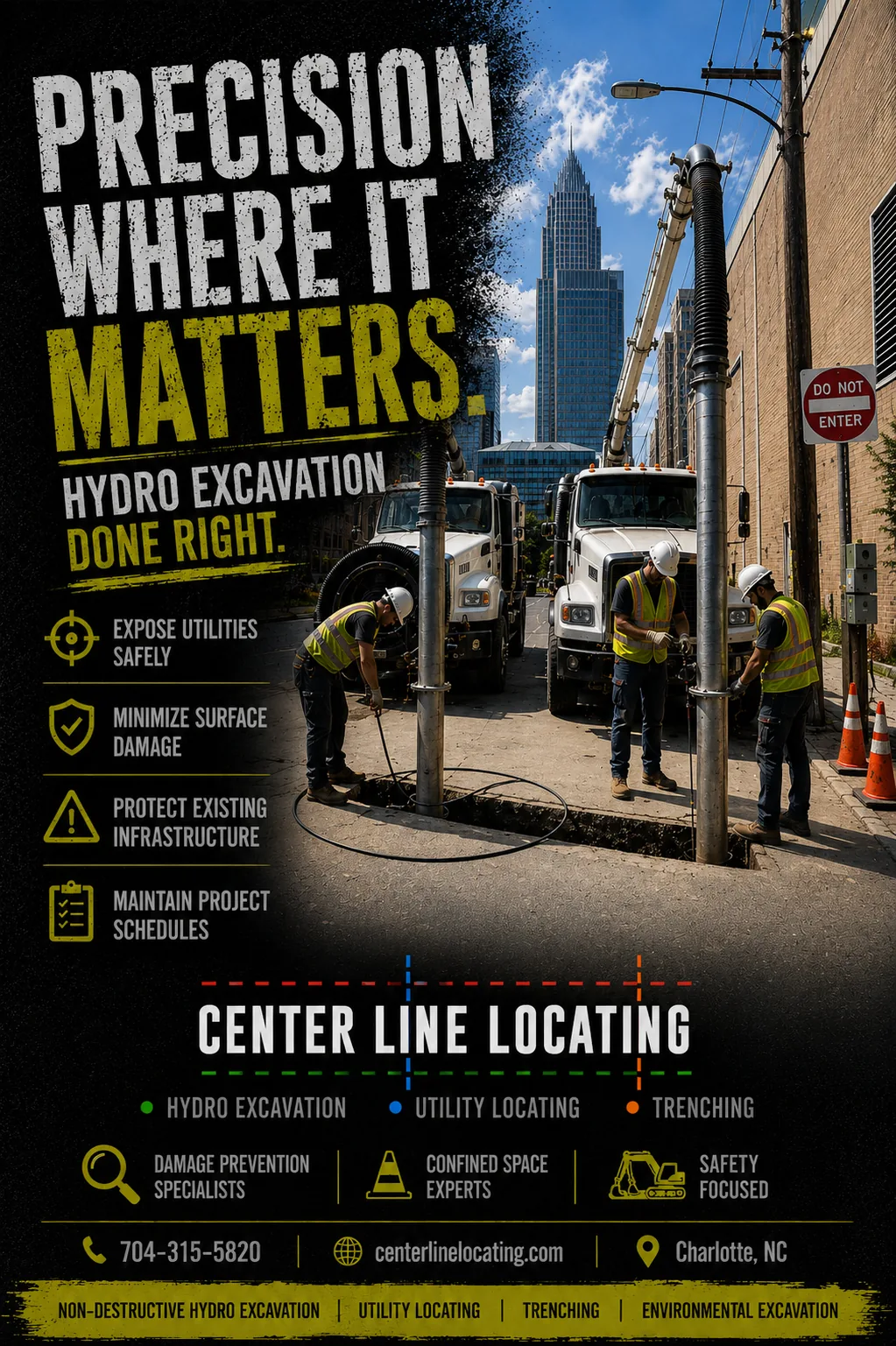 Center Line Locating hydro excavation trucks performing soft dig on a Charlotte street