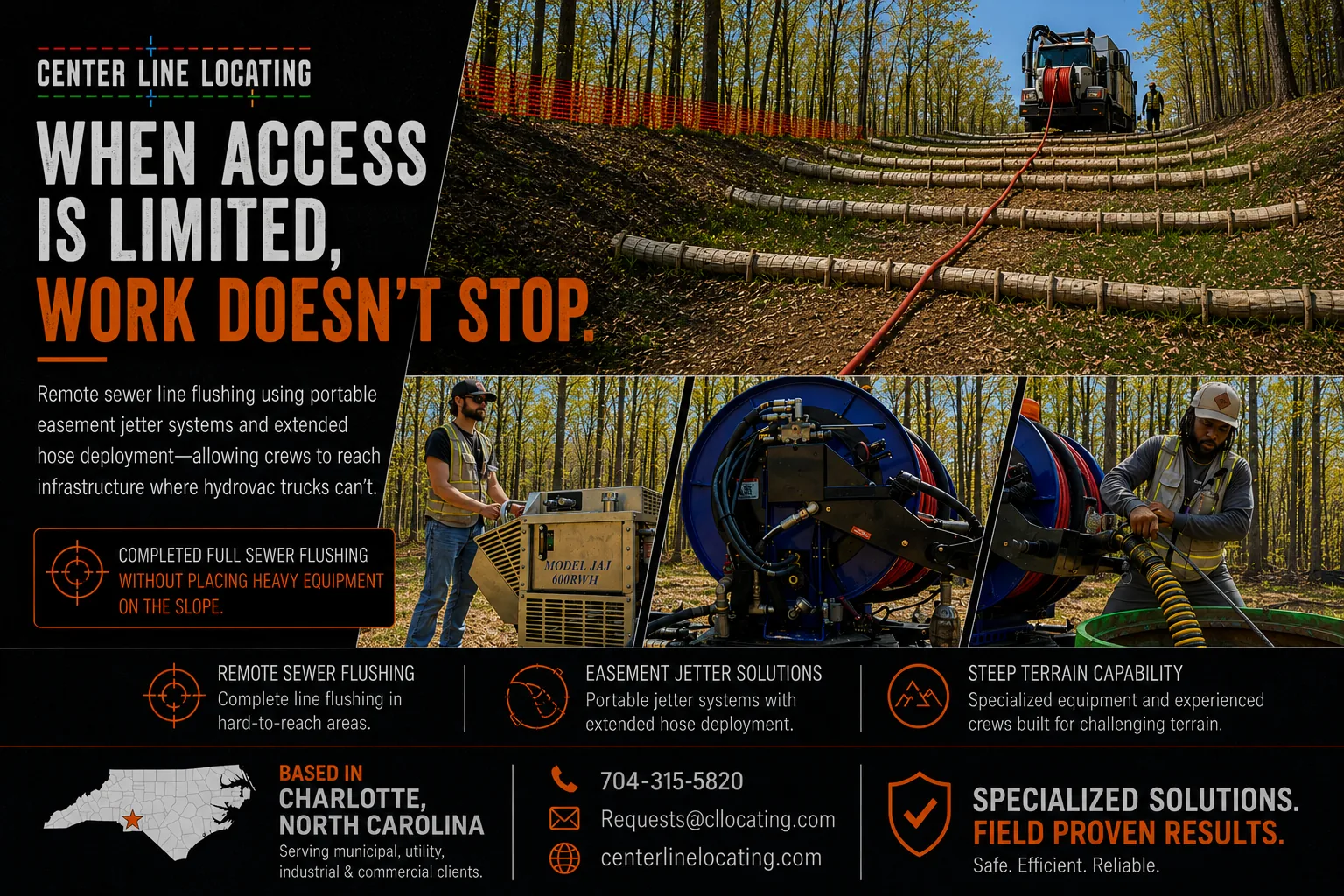Center Line Locating crew running an easement jetter on a steep wooded slope