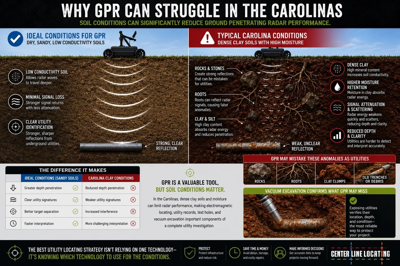 Infographic explaining why GPR ground penetrating radar struggles in Carolina clay soils compared to ideal sandy conditions, showing how electromagnetic locating and vacuum excavation improve utility detection accuracy — Center Line Locating